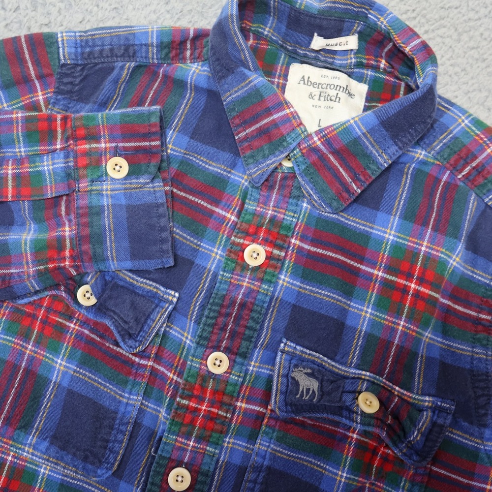 Abercrombie & Fitch Mens Muscle Fit Flannel Shirt Blue Red Plaid Large